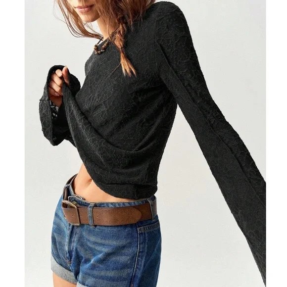 Solid lace Fitted Long Bell Sleeve Top